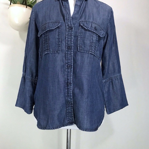 Bella Dahl Blue Tencel Chambray Button Front Top 3/4 Sleeve Shirt Size XS - Picture 3 of 11